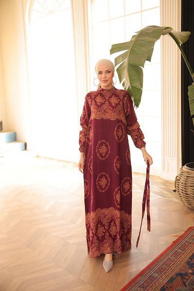 Zaure Women's Hijab Authentic Patterned Belted Viscose Dress
