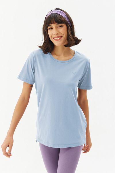 bilcee Tricou de bază cu mânecă scurtă, albastru, din bumbac, cu gâtul turn, 9242