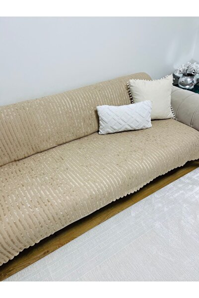 BTF HOME Süngerli Kadife Koltuk Örtüsü Koltuk Şalı Çekyat Örtüsü 3 Kişilik 175 X 210 (1 ADET) Bej