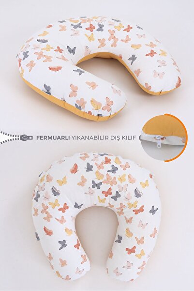 Umaybebek Pamuklu Emzirme Yastığı Minderi, Pamuk Kumaş - Hardal Kelebek Baskılı