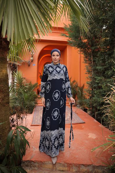 Zaure Women's Hijab Authentic Patterned Belted Viscose Dress