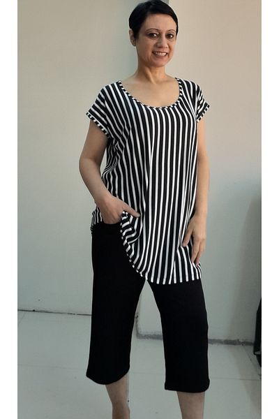 Mertcan Butik Black Six Pockets Top Low Sleeve Black and White Striped Combed Cotton Viscose Bottom Top Suit