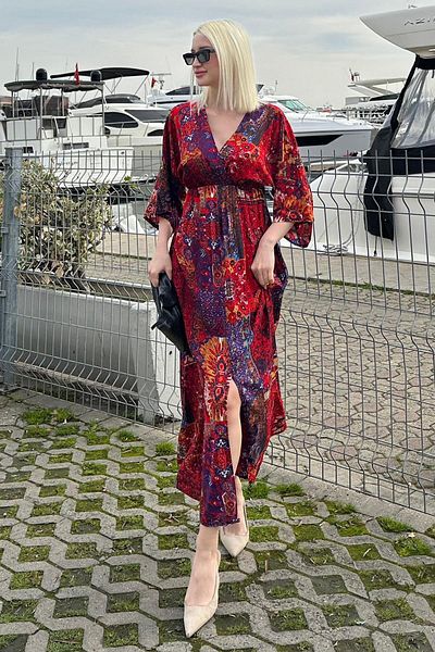 Madmext Red Print Slit Detail Long Dress Mg2325
