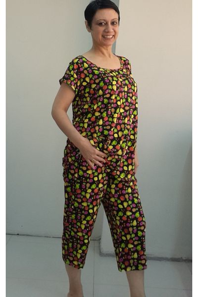 Mertcan Butik Fruit Print Six Pockets Capri Top Low Sleeve Combed Cotton Viscose Bottom Top Casual Set
