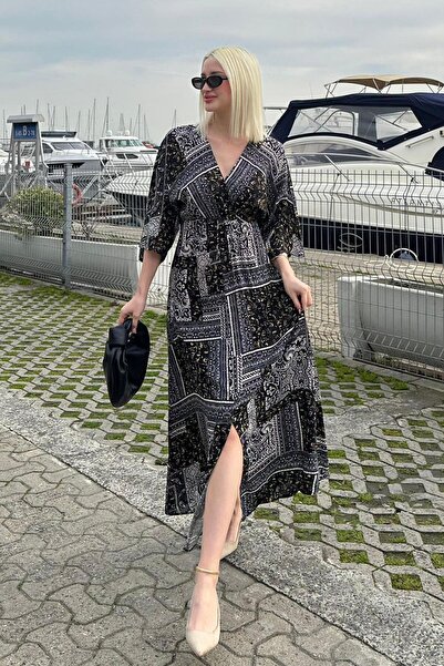 Madmext Schwarzes, gemustertes, langes Kleid mit Schlitzdetail MG2325