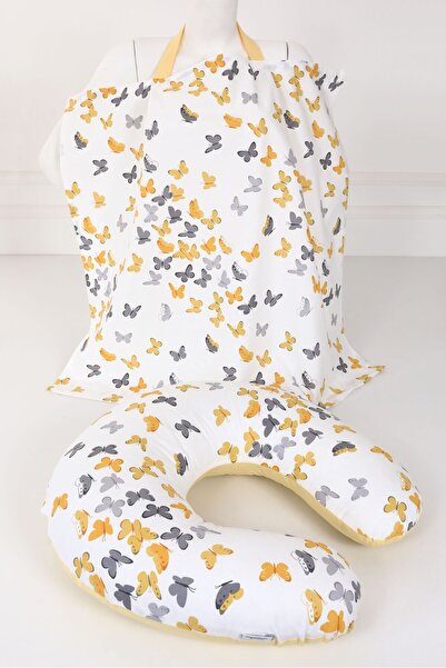 Umaybebek Emzirme Yastığı Emzirme Önlüğü Set - Pamuklu Kumaş - Sarı Kelebek