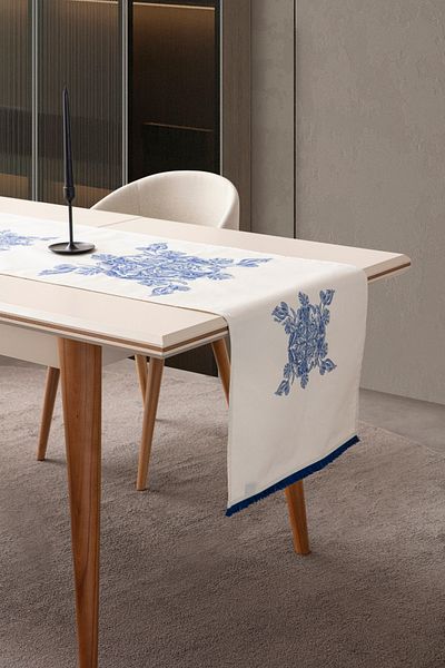 BUGİ HOME COLLECTİON Duck Linen Runner, Seria Premium Albastru Azur, 45x140