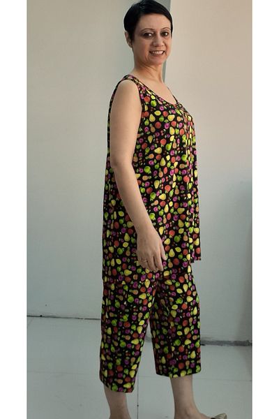 Mertcan Butik Set casual din viscoză din bumbac pieptănat, cu șase buzunare, cu imprimeu de fructe