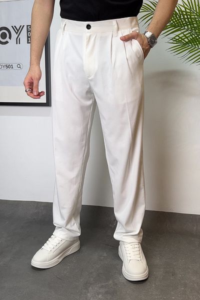ROY501 New Season Men's Linen Trousers - Comfortable Fit, Double Pleated Baggy Design, Rubber Waist
