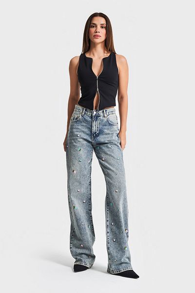 its basic Blugi de damă Culoare 4S5-65 Blugi din denim 100% bumbac, cu broderie florală, cu talie mijlocie