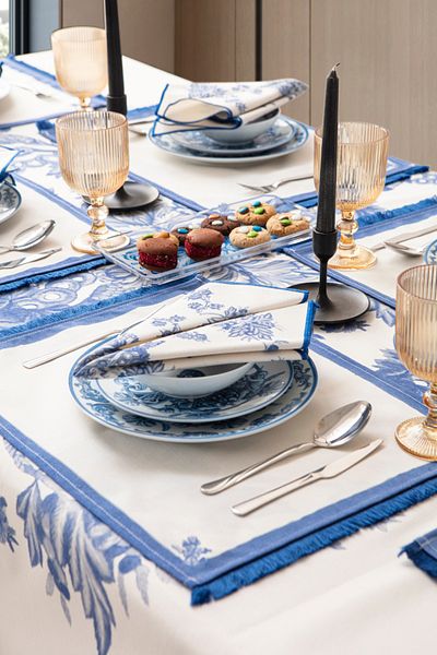 BUGİ HOME COLLECTİON Set de masă și masă pentru sufragerie Elysian Blue - lenjerie de rață, 6 servicii americane, 6 șervețele din material textil