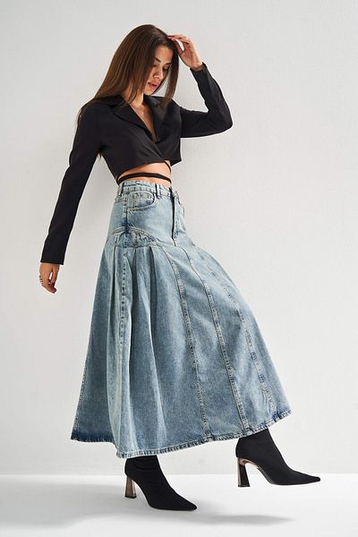 its basic Fusta de denim pentru femei T.Kot Color 3S5-65 plisată din amestec de viscoză