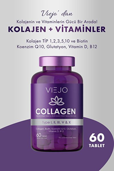 Viejo Kolajen ve Vitaminler ( Tip 1,2,3,5,10 ve Biotin, Koenzim Q10, Glutatyon, Vitamin D, B12 ) 60 Tablet