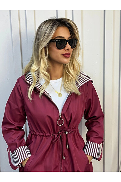 hazelin Kadın Bordo Beli Büzgülü Kapşonlu Uzun Trençkot HZL22W-BD190911
