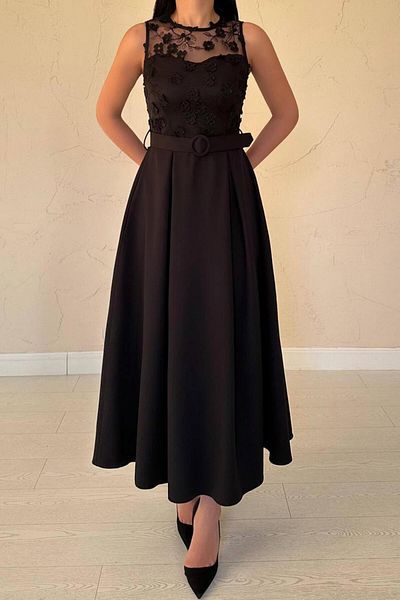 ZISHAN Lace and Embroidery Detail Belted Sleeveless Midi Length Women's Evening Dress 8552