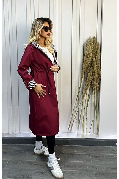 hazelin Burgundy Waist Drawstring Hooded Women's Trench Coat - Hzl22W-Bd 190911