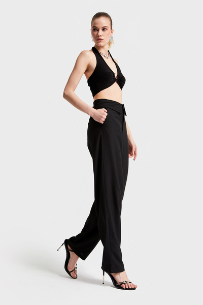 its basic Kadın Siyah Renk S5-1 Dokuma Kumaş Skater Fit Belden Detaylı Kumaş Pantolon