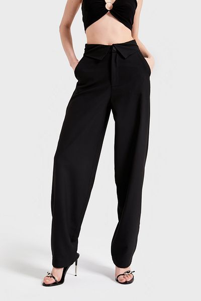 its basic Women's Black Color S5-1 Woven Fabric Skater Fit Waist Detailed Fabric Pants