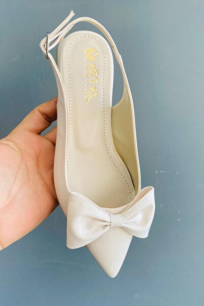 Preshley Sista Cream Fabric Bow Open Back 2 cm Heeled Pointed Toe Ballerinas