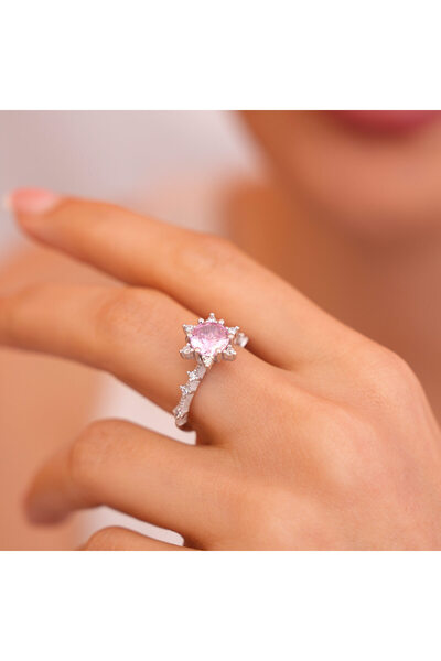 Siset Gümüş 925 Ayar Radyum Kaplama Pembe Zirkon Taşlı Lotus Güneşi Gümüş Yüzük