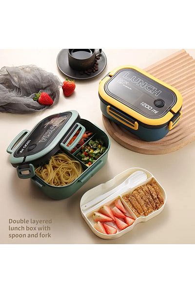 hediyeofisi 2-Tier Portable Diet Food Container - Lunch Box, Storage Container, Travel Box with Fork Spoon