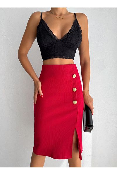 misslike fashion Women's Red Color Camisole Fabric Front Slit Skirt for 4 Seasons