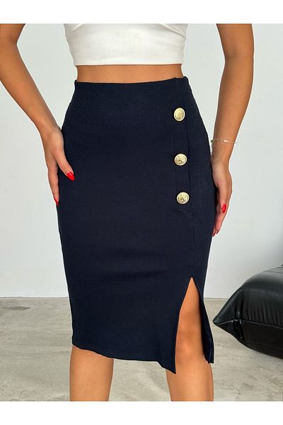misslike fashion Women's Navy Blue Camisole Fabric Front Slit Skirt for 4 Seasons
