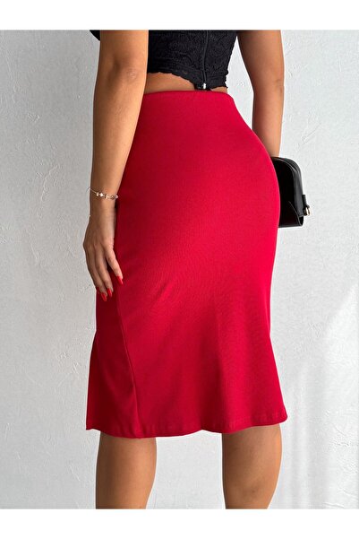 misslike fashion Women's Red Color Camisole Fabric Front Slit Skirt for 4 Seasons