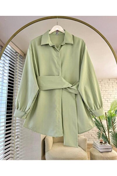 Nergis Neva Butik سترة دوبي ذات حزام خصر مخطط ذاتيًا