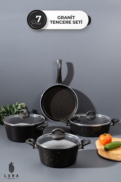 Skygo Avng 7-Piece Black Granite Pot Set – Durable, Non-Stick, Stylish Design 26 cm