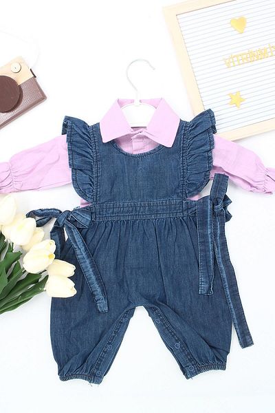 VİTRİNMİXMİNİ 2-Piece 100% COTTON FUFFY COLOR SHIRT AND JEANS SALOPET BABY GIRL SET