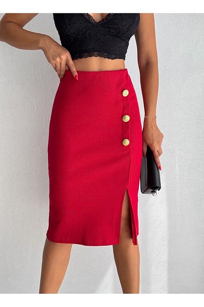 misslike fashion Women's Red Color Camisole Fabric Front Slit Skirt for 4 Seasons