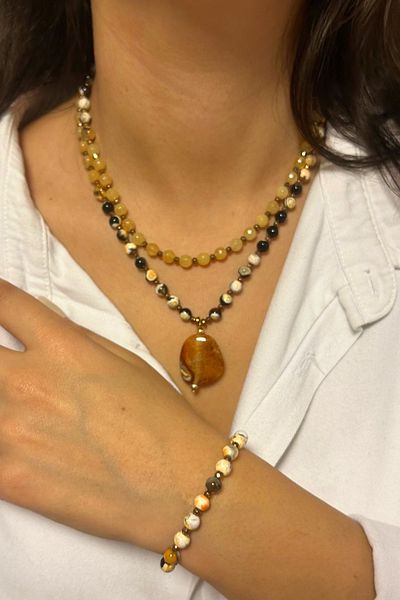 Suerte Accessories Citrine and Agate Natural Stone - Special Design Women's Necklace and Bracelet Combo