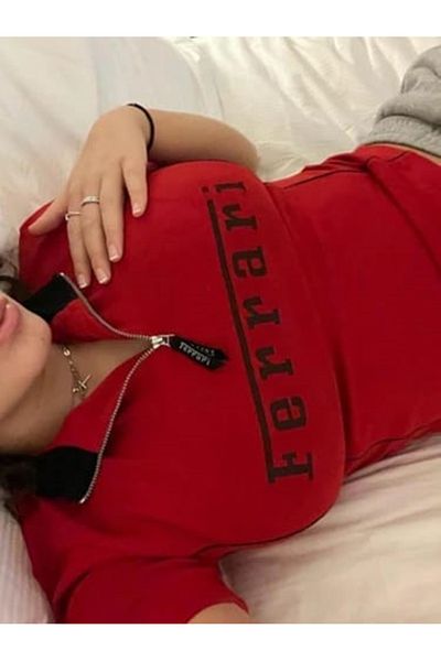 Touz Moda Car Detail Red & Black Printed Zippered Crop Blouse