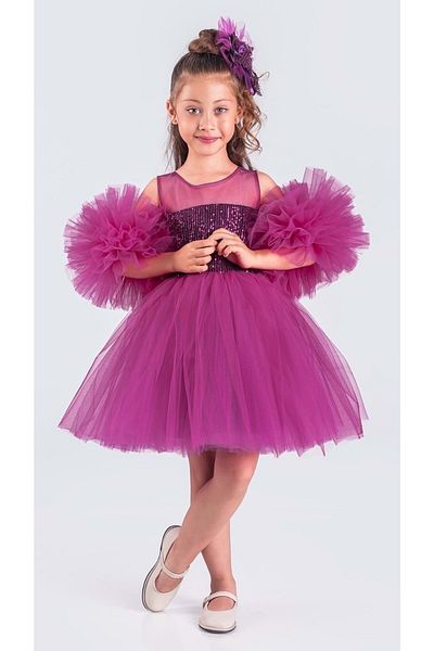 ŞEYMA BUTİK Purple Chiffon Robe Pompom Sleeve Evening Dress - Sequin Sequined, Tutu Puffy Skirt Sym0378