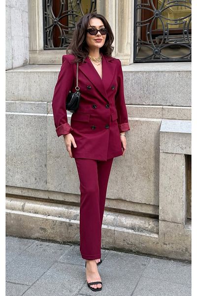 pembekurdelem Burgundy Women's Classic Long Jacket and Trousers Set