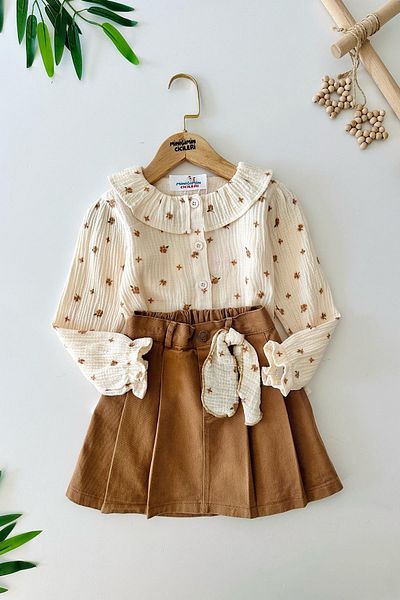 Minigimin Cicileri Set of 2 with a Gabardine Skirt with a Muslin Shirt and a Flower of My Mini for Girls - Coffee