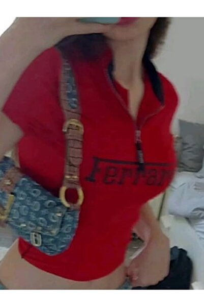 Touz Moda Car Detail Red & Black Printed Zippered Crop Blouse