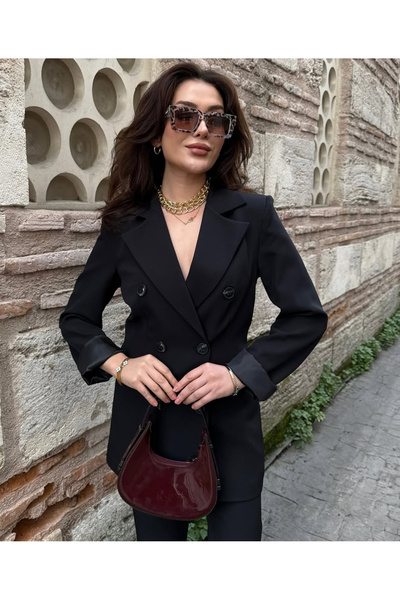 pembekurdelem Kadın Klasik Uzun Ceket Pantolon Takım Siyah