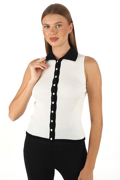 Butik Zeyoo Collection Sade Trophy Polo Collar Sleeveless Seasonal Women's Cotton Cardigan