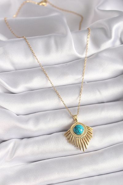 NEZADE STORE 316L Steel Gold Color Chain Blue Beads Sun Model Women's Necklace - Lisinya
