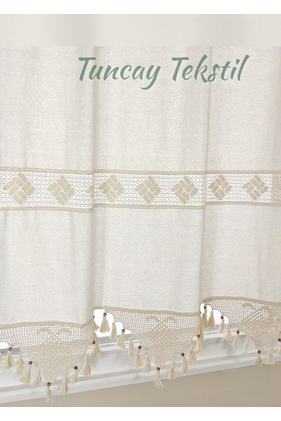 TUNCAY TEKSTİL Buldan Work Authentic Handcrafted Lace Curtain 100% Cotton Natural Linen Sunshade Curtain