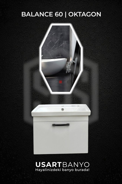 USART BANYO Balance 60 cm Beyaz Banyo Dolabı + Oktagon Beyaz Led Ayna 80*45