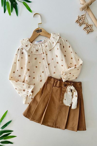Minigimin Cicileri Set of 2 with a Gabardine Skirt with a Muslin Shirt and a Flower of My Mini for Girls - Coffee