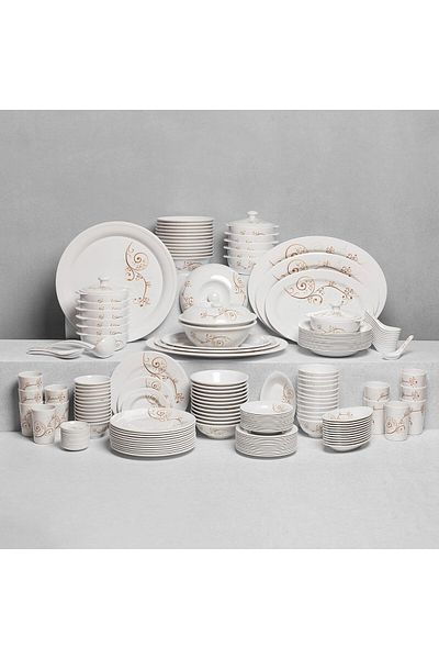 cc bin shihon Melamine Dinner Set 184 Pcs for 12 People White with Brown Motifs Microwave and Dishwasher Safe