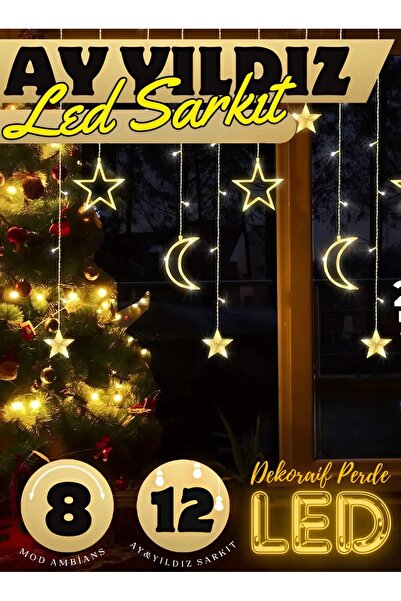 nextbuy Ay Yıldız Perde Led 8 Mod Saçaklı Perde Pencere Balkon Duvar Işık Dek...