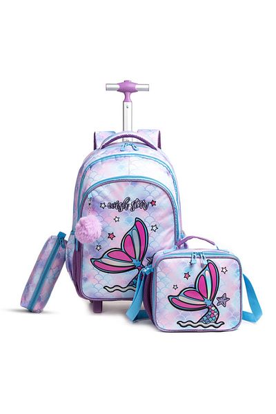 Eazy Kids مجموعة من 3 حقائب مدرسية بعجلات مقاس 18 بوصة مع حقيبة غداء وحافظة أقلام حورية البحر - أرجواني