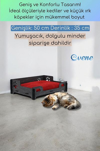 Evene Black Marble Colored Large Cat Bed - Wooden Durable Paw Model