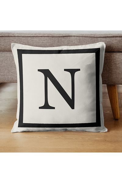 PerdeYap1980 Lettered Throw Pillow Cover - Letter N - Gift Decorative Pillow Cover 43X43 cm - Cream/Black