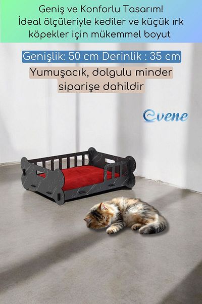 Evene Black Marble Colored Large Cat Bed - Wood Durable Bone Model